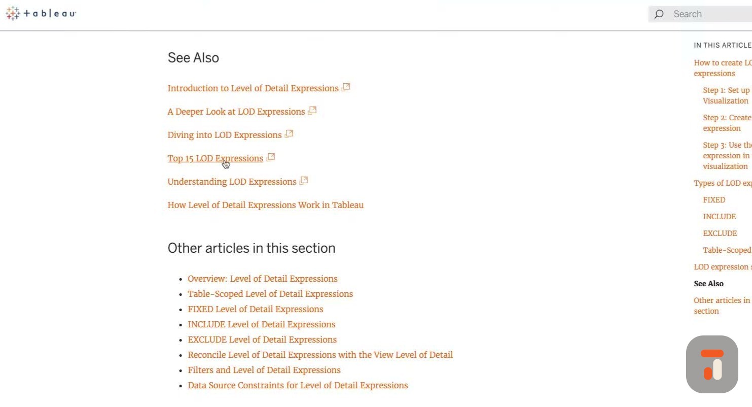 Tableau 'Top 15 LOD Expressions' documentation article listing common LOD use cases